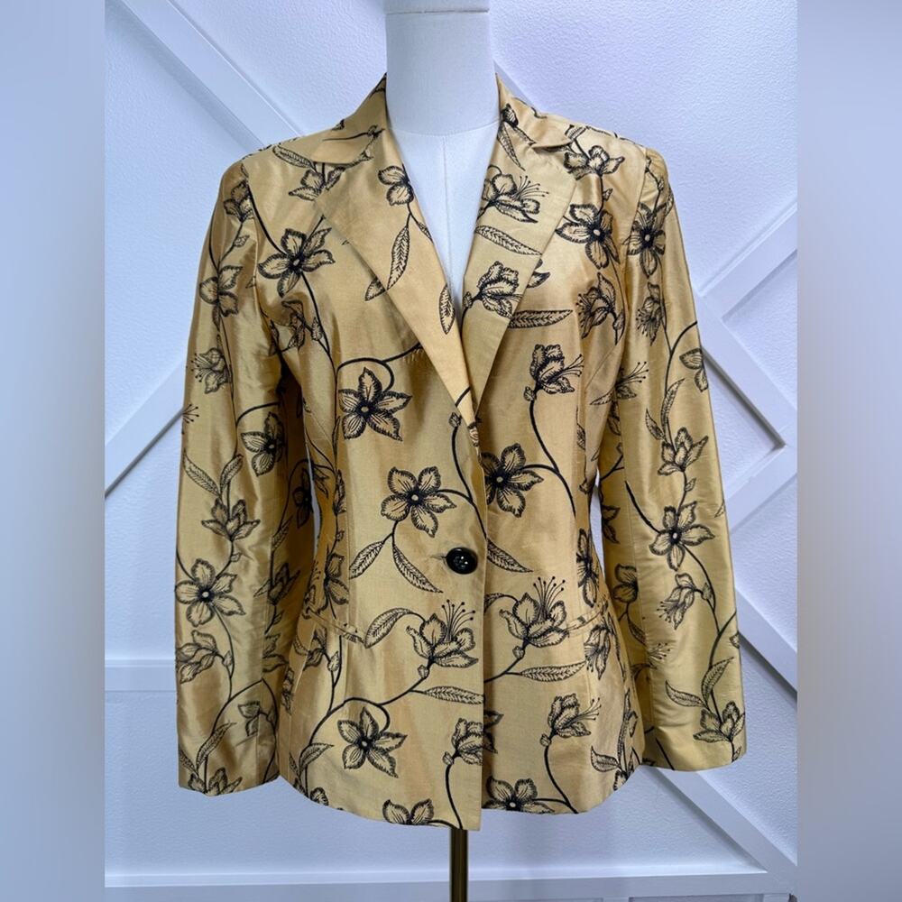 Sara Campbell 100% Silk Floral Embroidered Blazer Jacket Gold Black Size 6